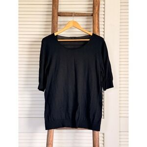 Lafayette 148 Knit Top Womens XL Black 100% Wool Scoop Neck Elbow Sleeve